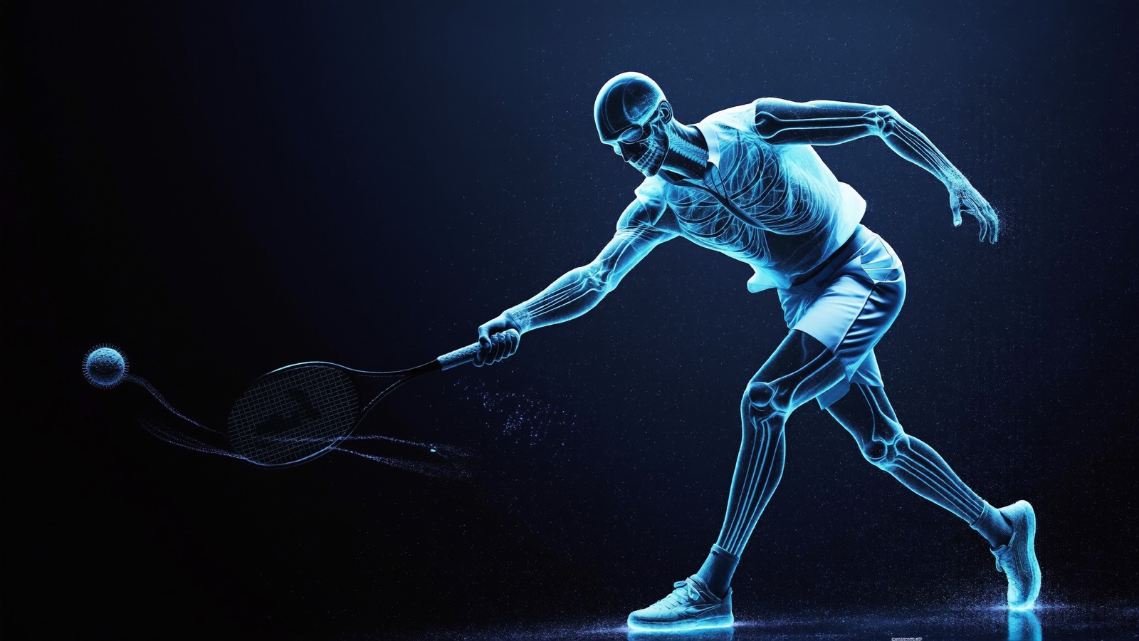 A racket-sport athlete resolving into a glowing cyan wireframe — their biomechanical digital double.